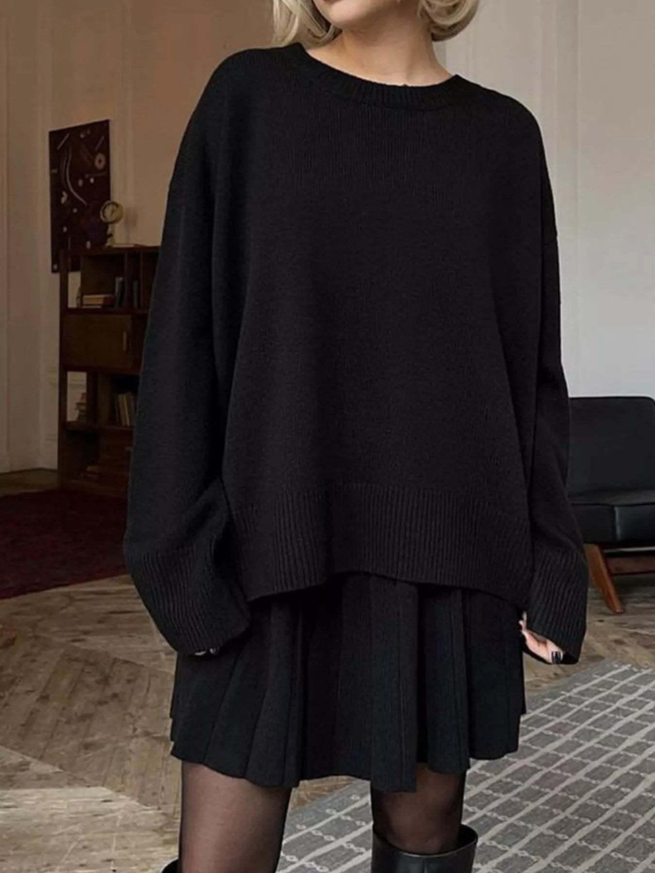 Round Neck Top and Pleated Skirt Sweater Set - Seedandsoulful