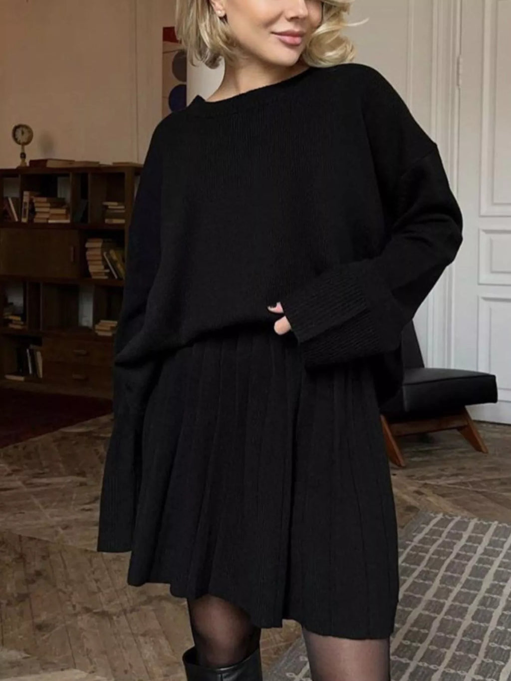 Round Neck Top and Pleated Skirt Sweater Set - Seedandsoulful