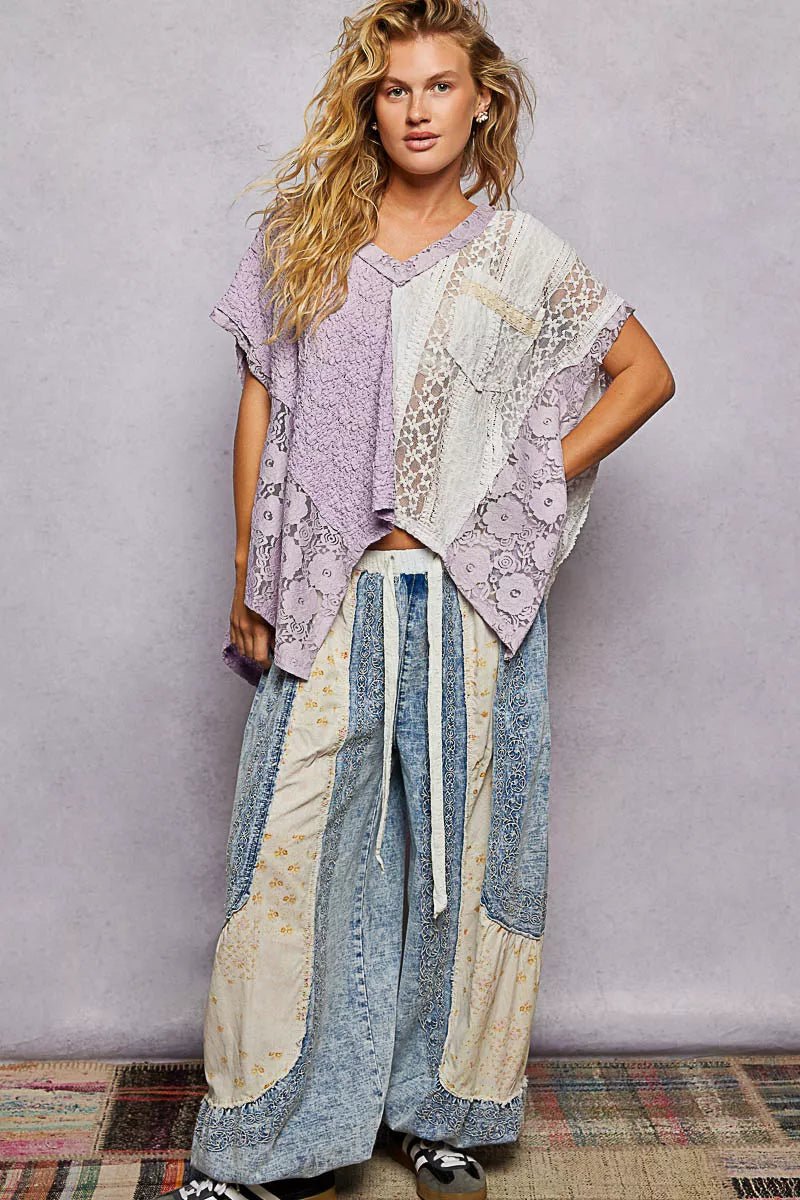 POL Asymmetrical V - Neck Short Sleeve Lace Top - Seedandsoulful