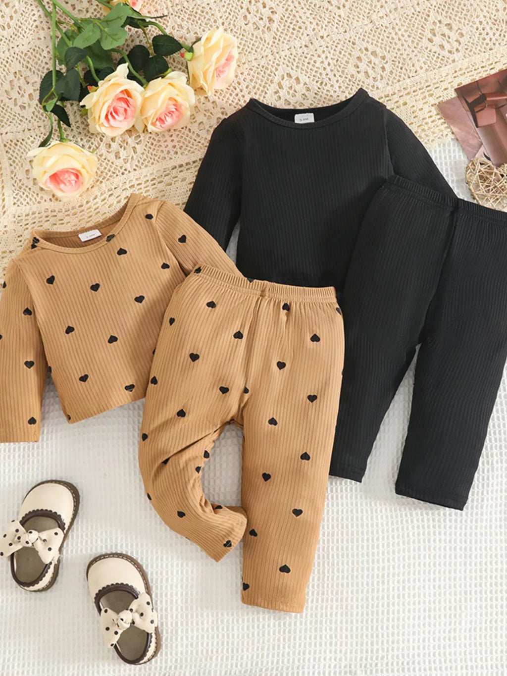 Children's Heart Print Ribbed Top and Pants Set - Seedandsoulful