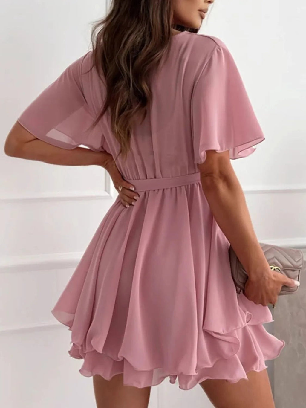 Surplice Flutter Sleeve Mini Dress - Seedandsoulful