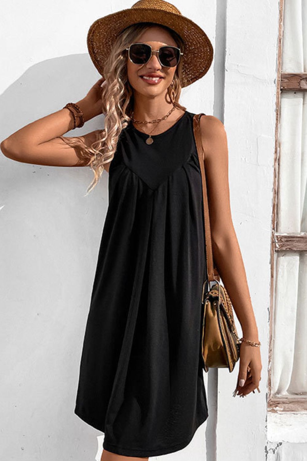 Perfee Round Neck Sleeveless Mini Dress - Seedandsoulful