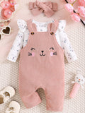 Children's Floral Print Ruffle Trim Top & Corduroy Overalls & Headband Set - Seedandsoulful
