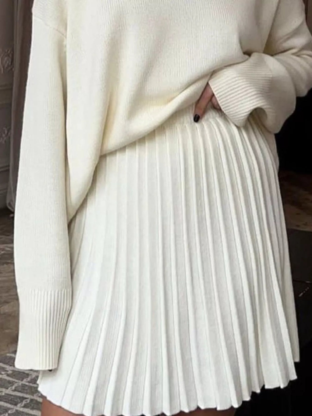 Round Neck Top and Pleated Skirt Sweater Set - Seedandsoulful
