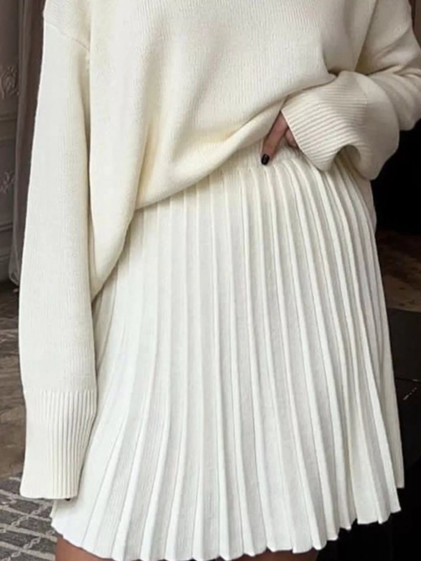 Round Neck Top and Pleated Skirt Sweater Set - Seedandsoulful