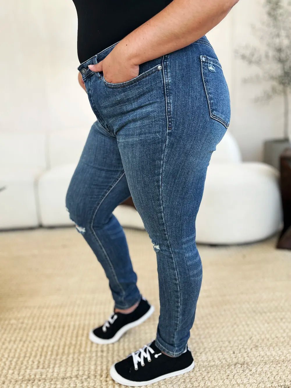 Judy Blue Full Size Mid Waist Distressed Slim Jeans - Seedandsoulful