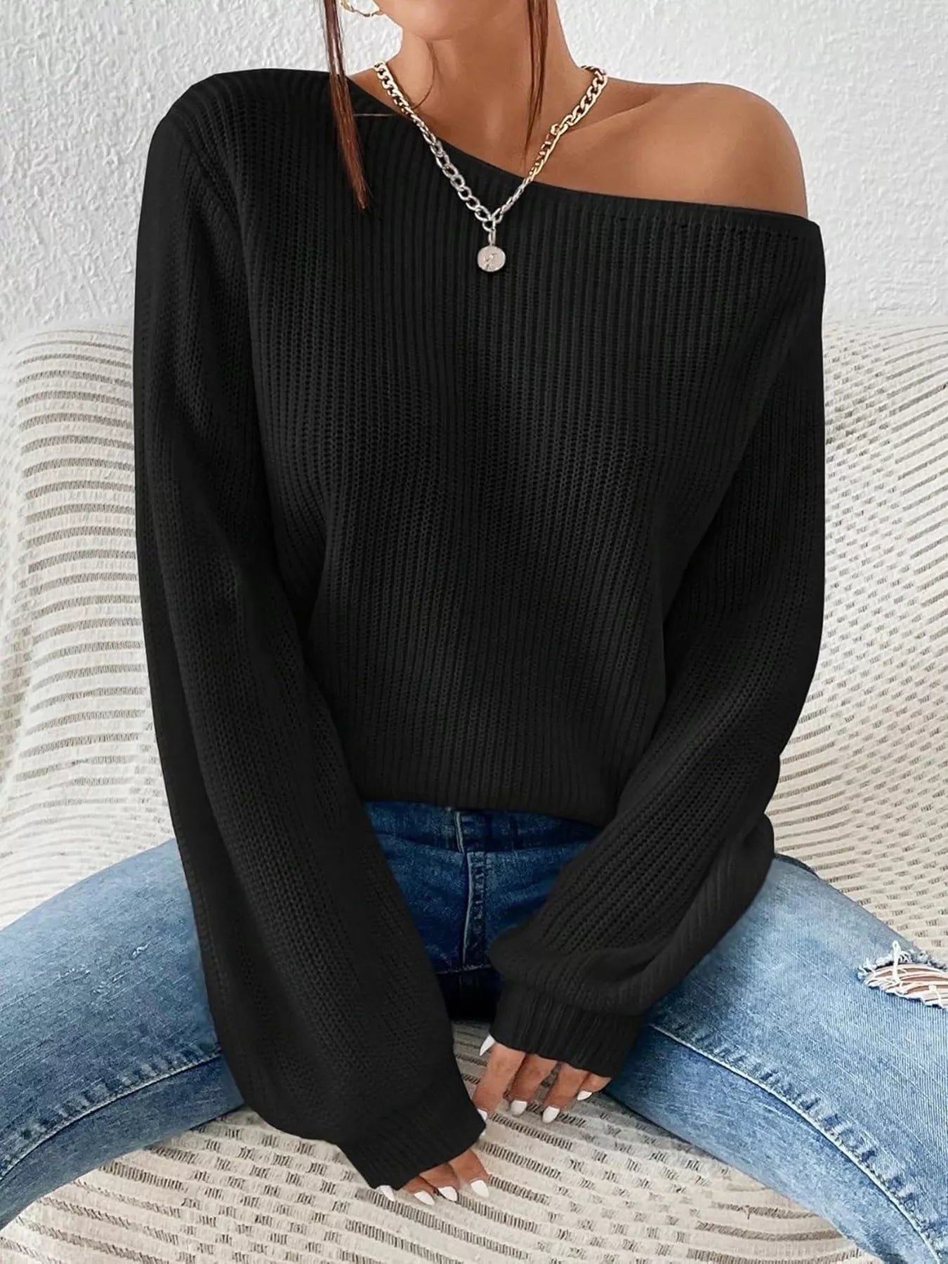 Single Shoulder Knit Sweater - Seedandsoulful