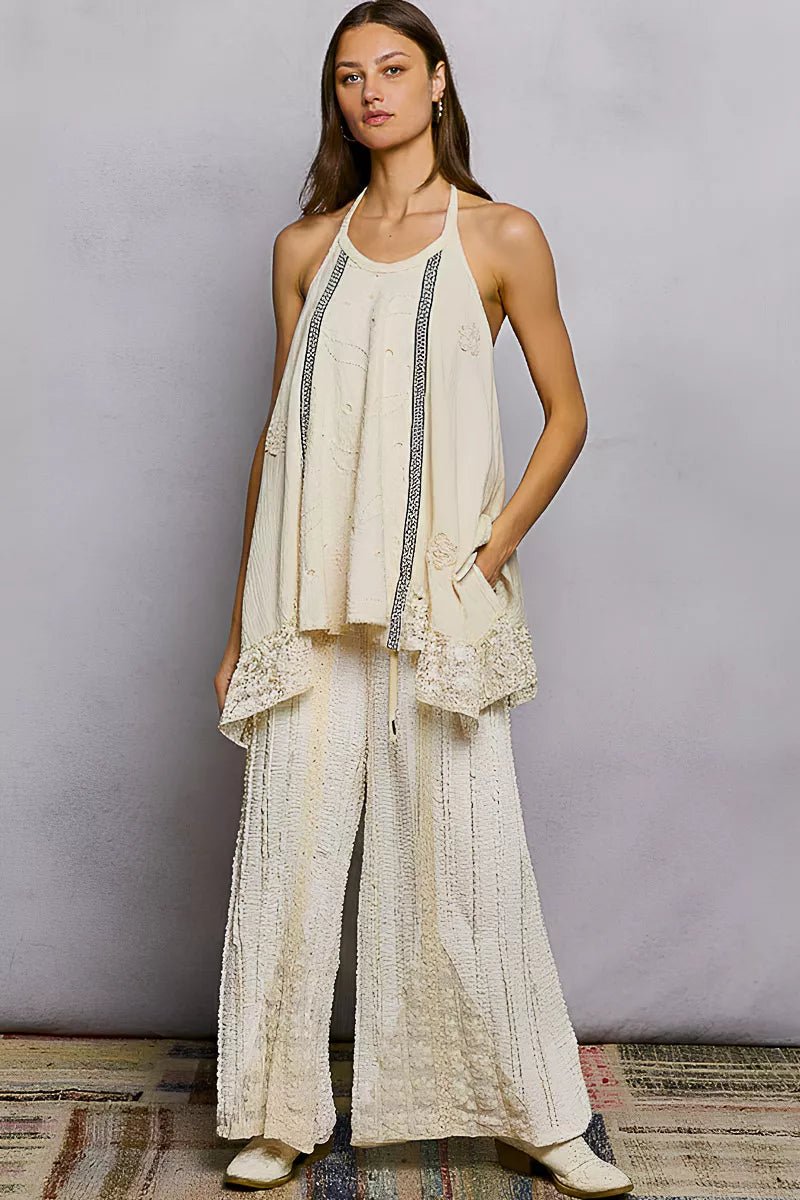 POL Lace Ruffle Halter Neck Double Gauze Top with Crochet Patch - Seedandsoulful