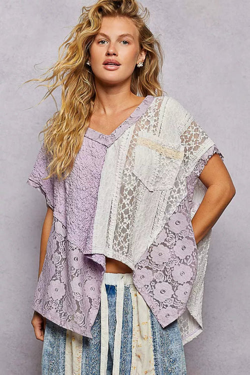 POL Asymmetrical V - Neck Short Sleeve Lace Top - Seedandsoulful