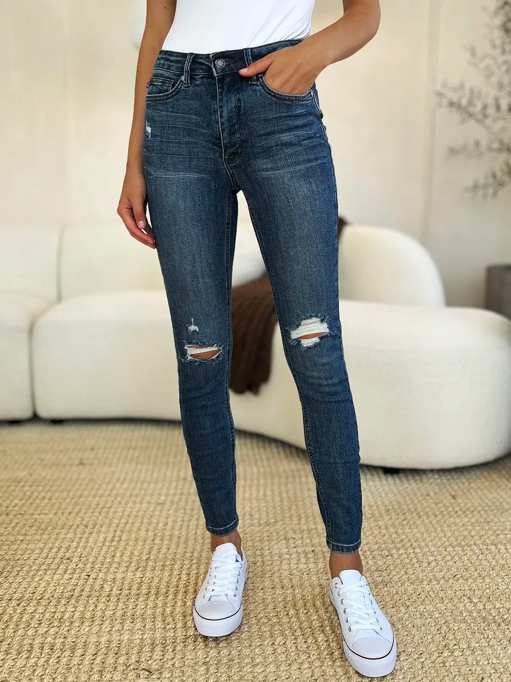 Judy Blue Full Size Mid Waist Distressed Slim Jeans - Seedandsoulful