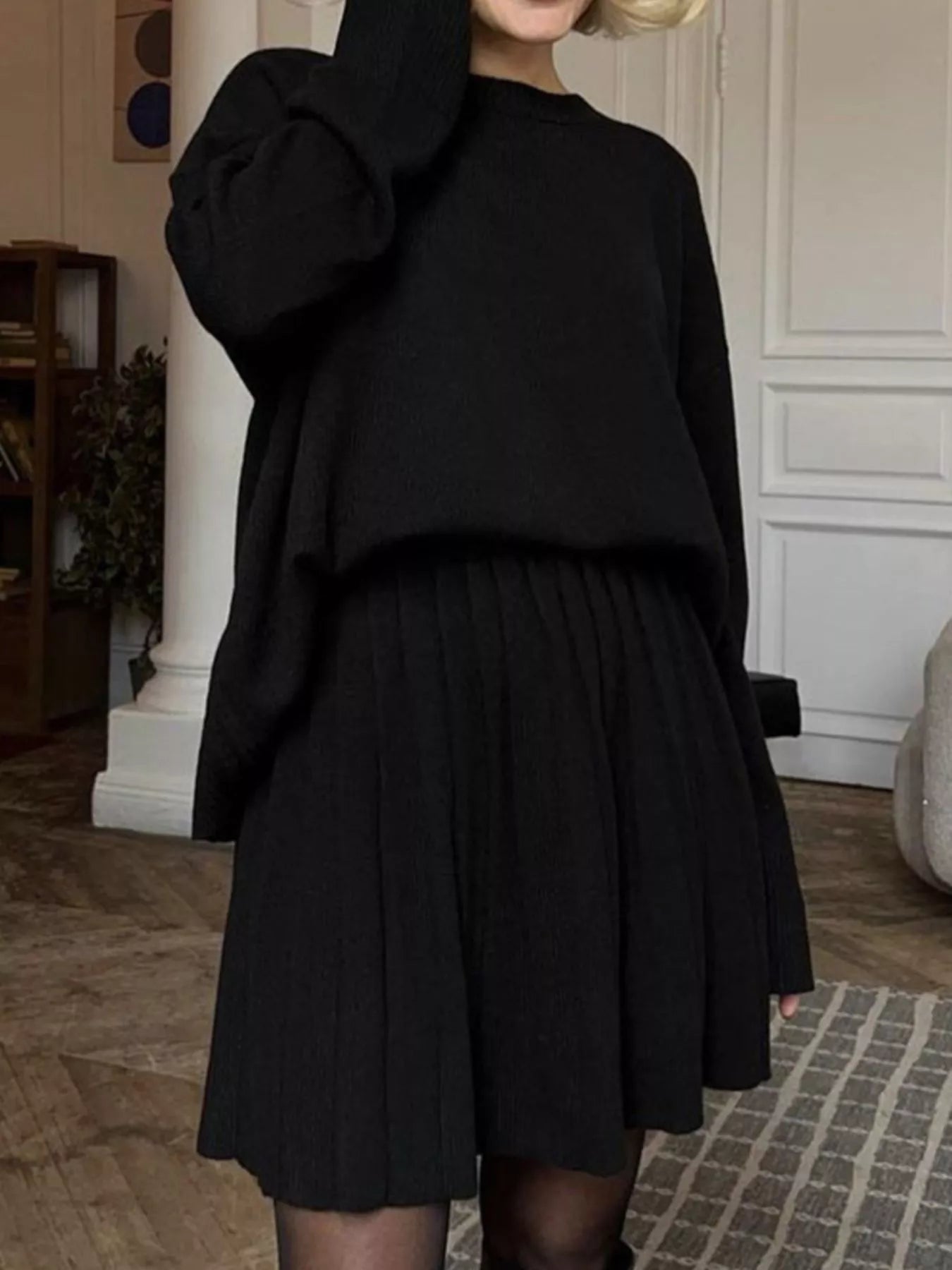 Round Neck Top and Pleated Skirt Sweater Set - Seedandsoulful