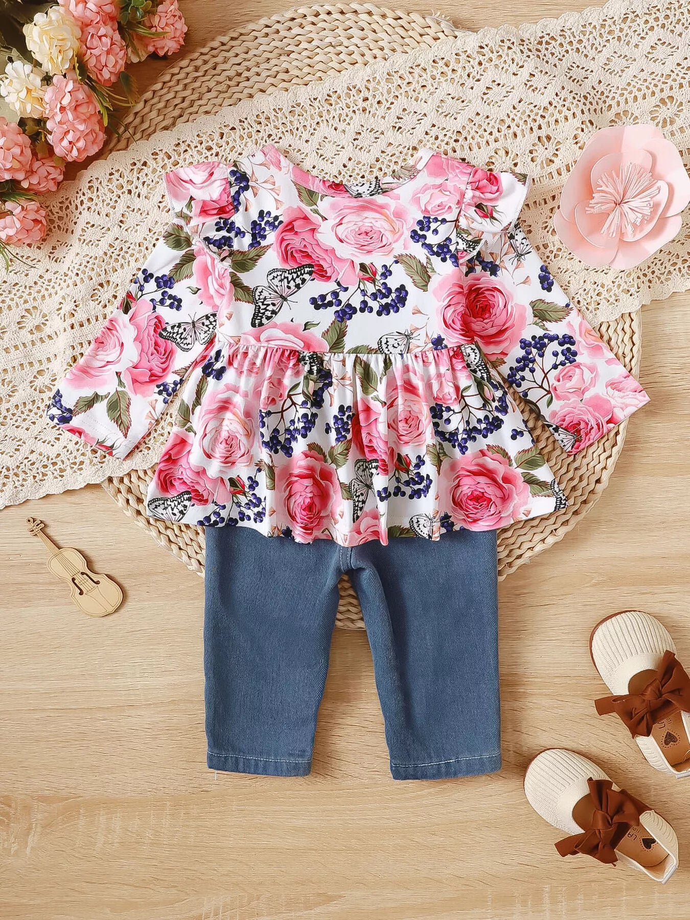 Children's Floral Ruffle Trim Top & Distressed Jeans Set - Seedandsoulful