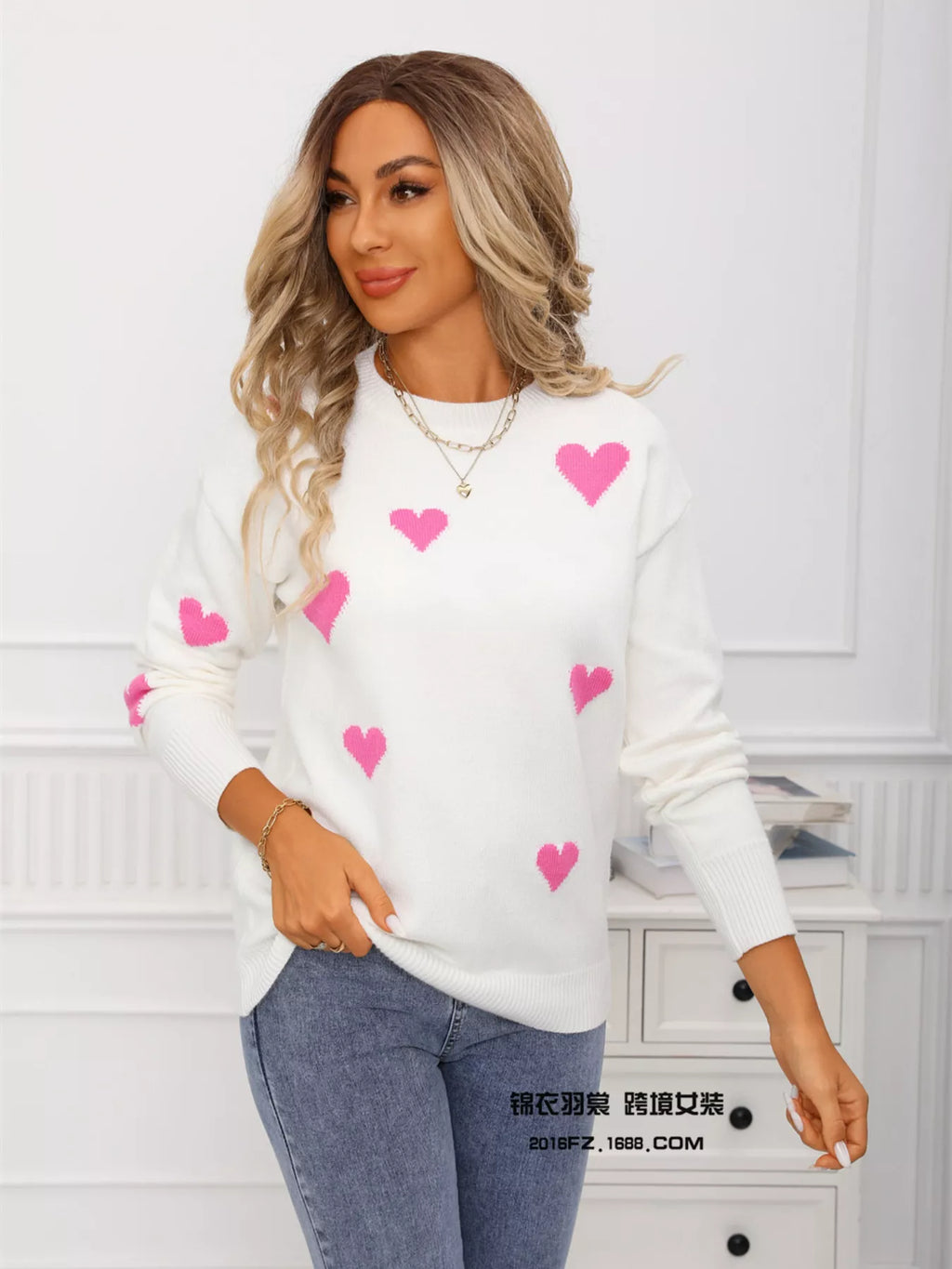 Valentine's Day Heart Print Round Neck Sweater - Seedandsoulful