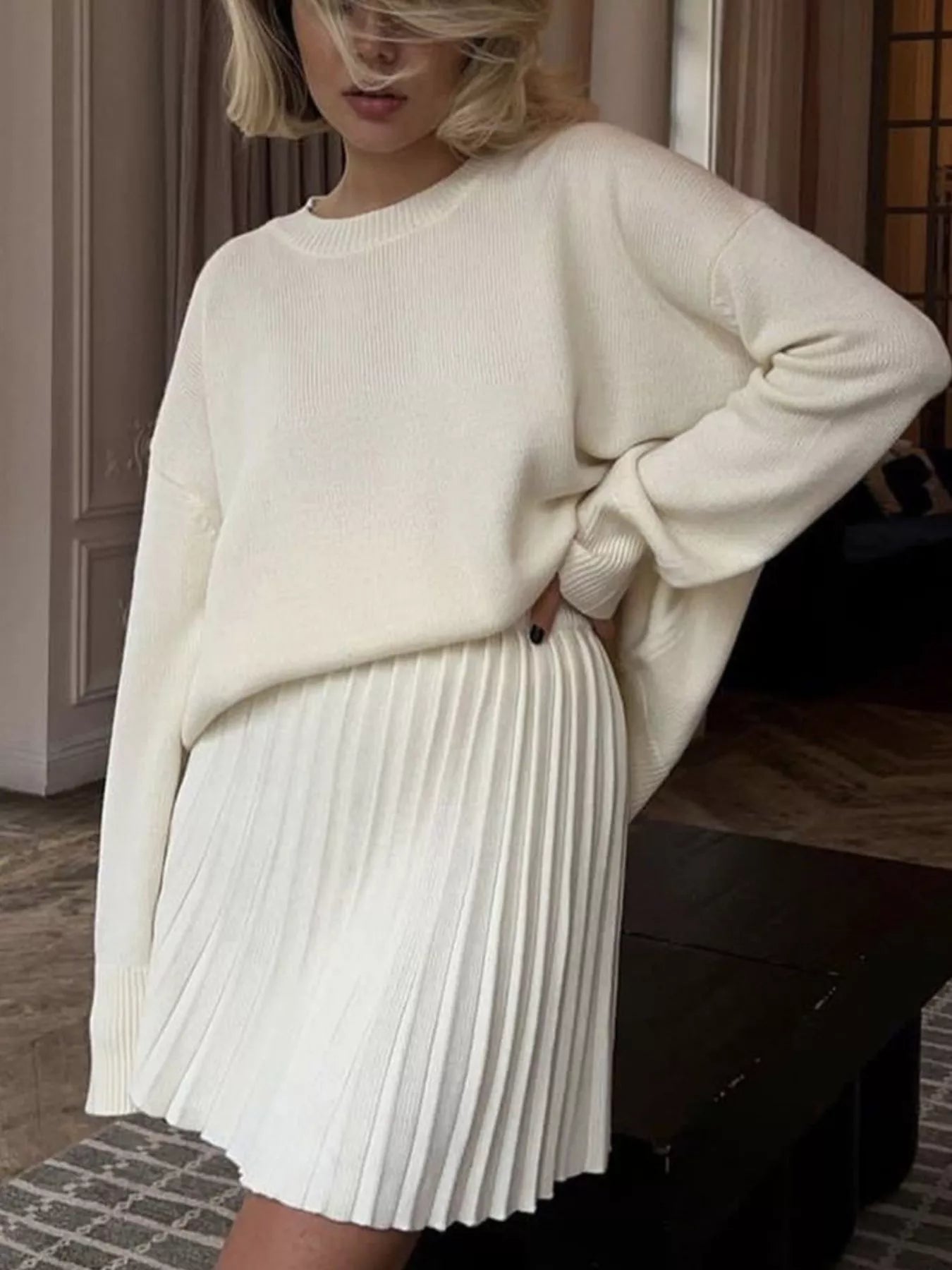 Round Neck Top and Pleated Skirt Sweater Set - Seedandsoulful