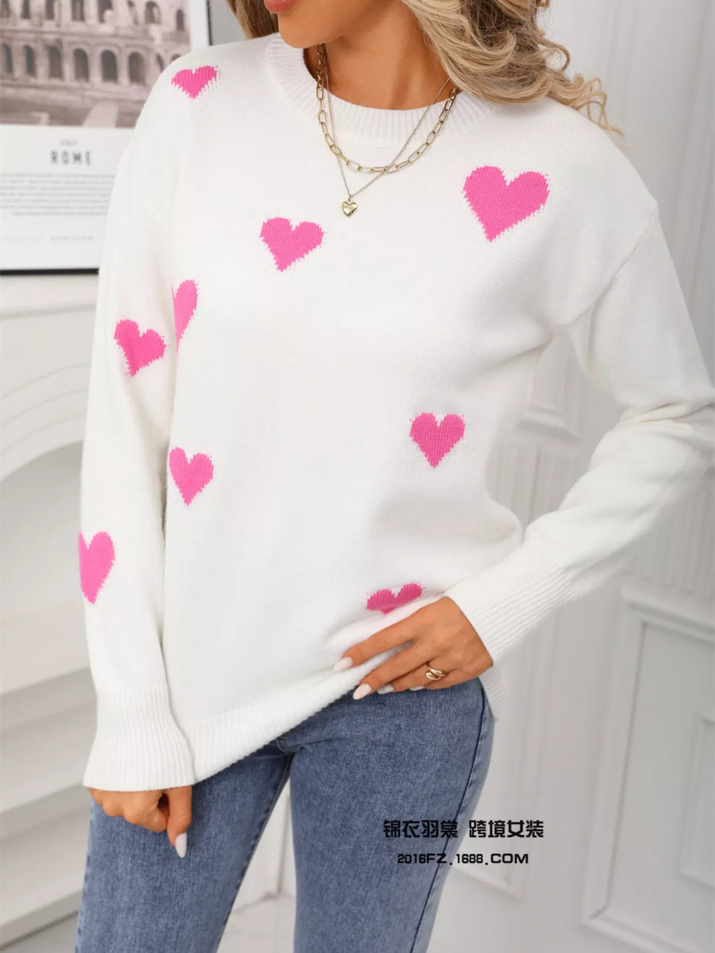 Valentine's Day Heart Print Round Neck Sweater - Seedandsoulful