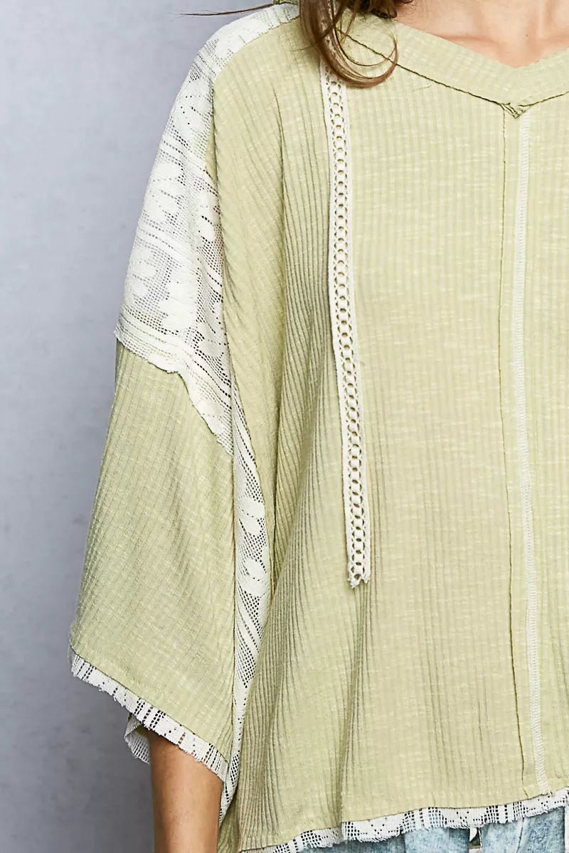 POL Short Sleeve Hoodie Top with Lace Detail - Seedandsoulful