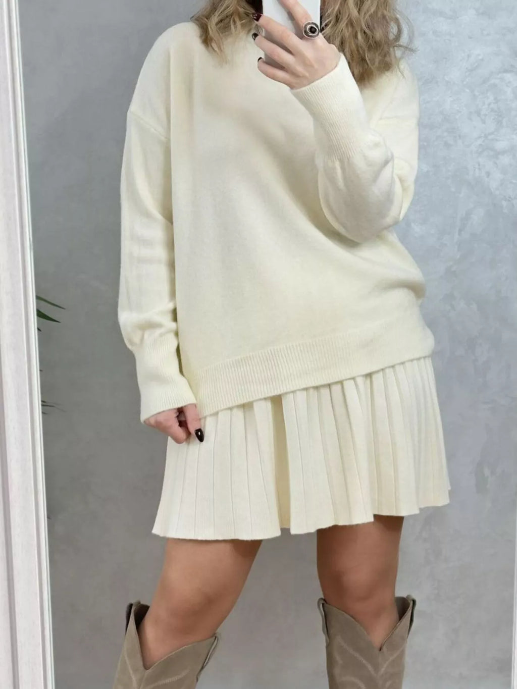 Round Neck Top and Pleated Skirt Sweater Set - Seedandsoulful
