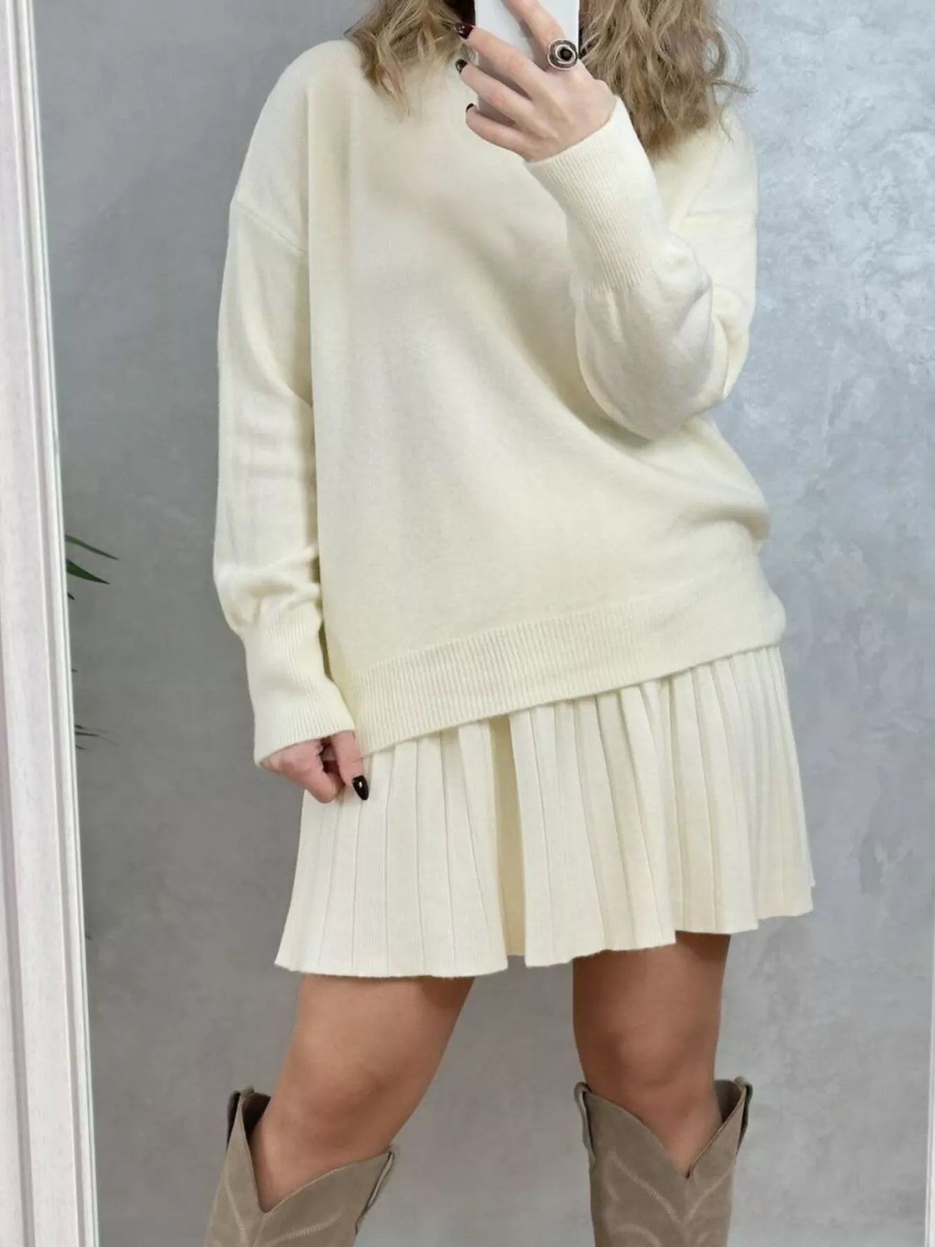 Round Neck Top and Pleated Skirt Sweater Set - Seedandsoulful