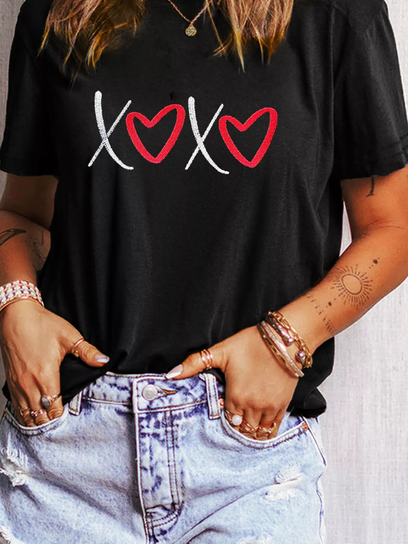 XOXO Valentines Heart Embroidered Casual Tee - Seedandsoulful