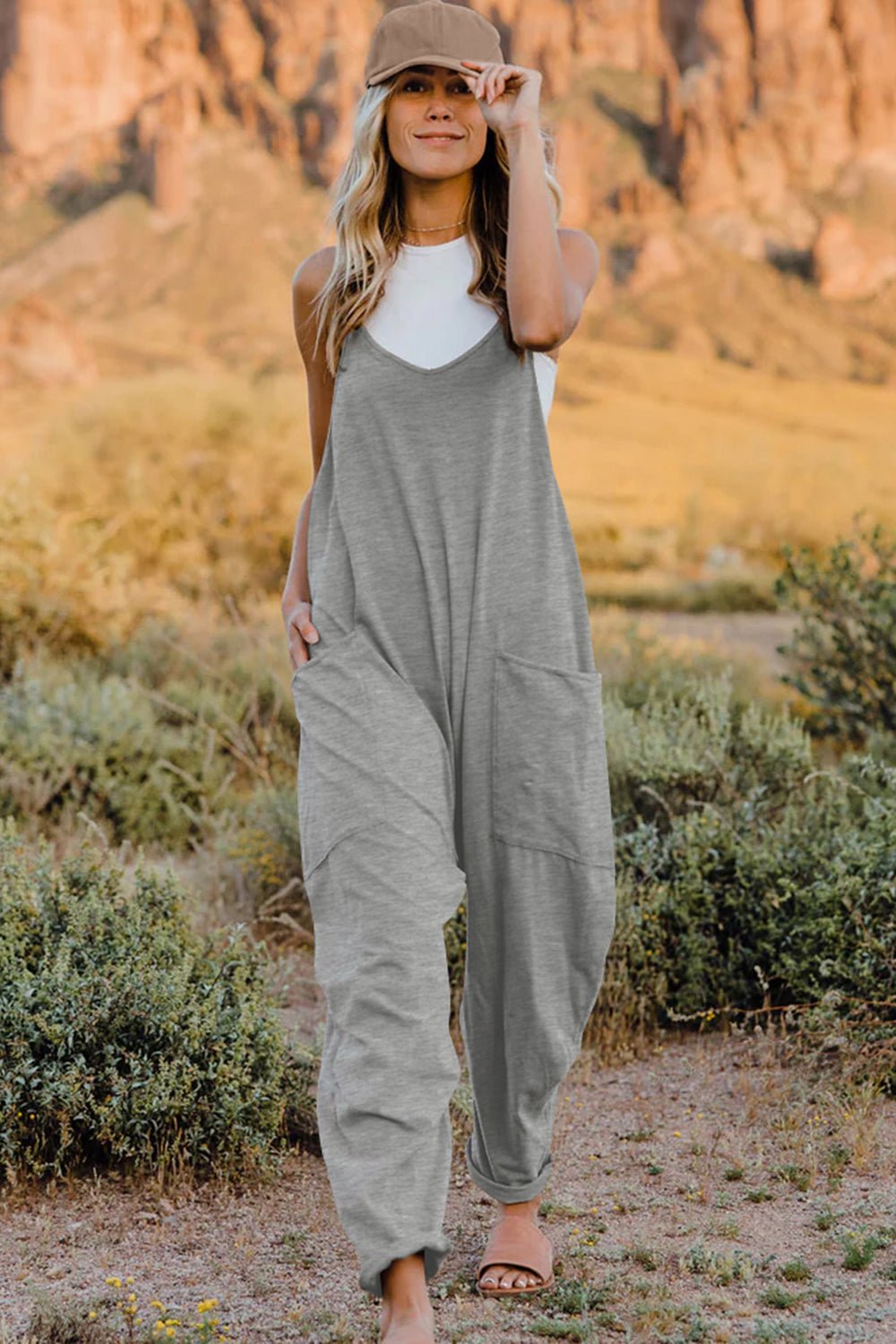 Double Take Full Size V - Neck Sleeveless Jumpsuit with Pockets - Seedandsoulful