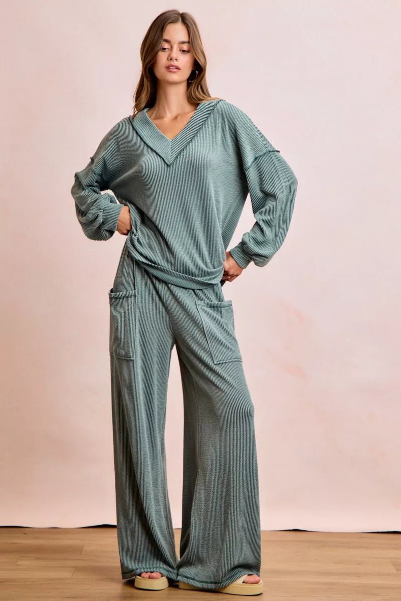 BiBi Two Tone Cord Rib Contrast Stitching V - Neck Top and Pants Set - Seedandsoulful
