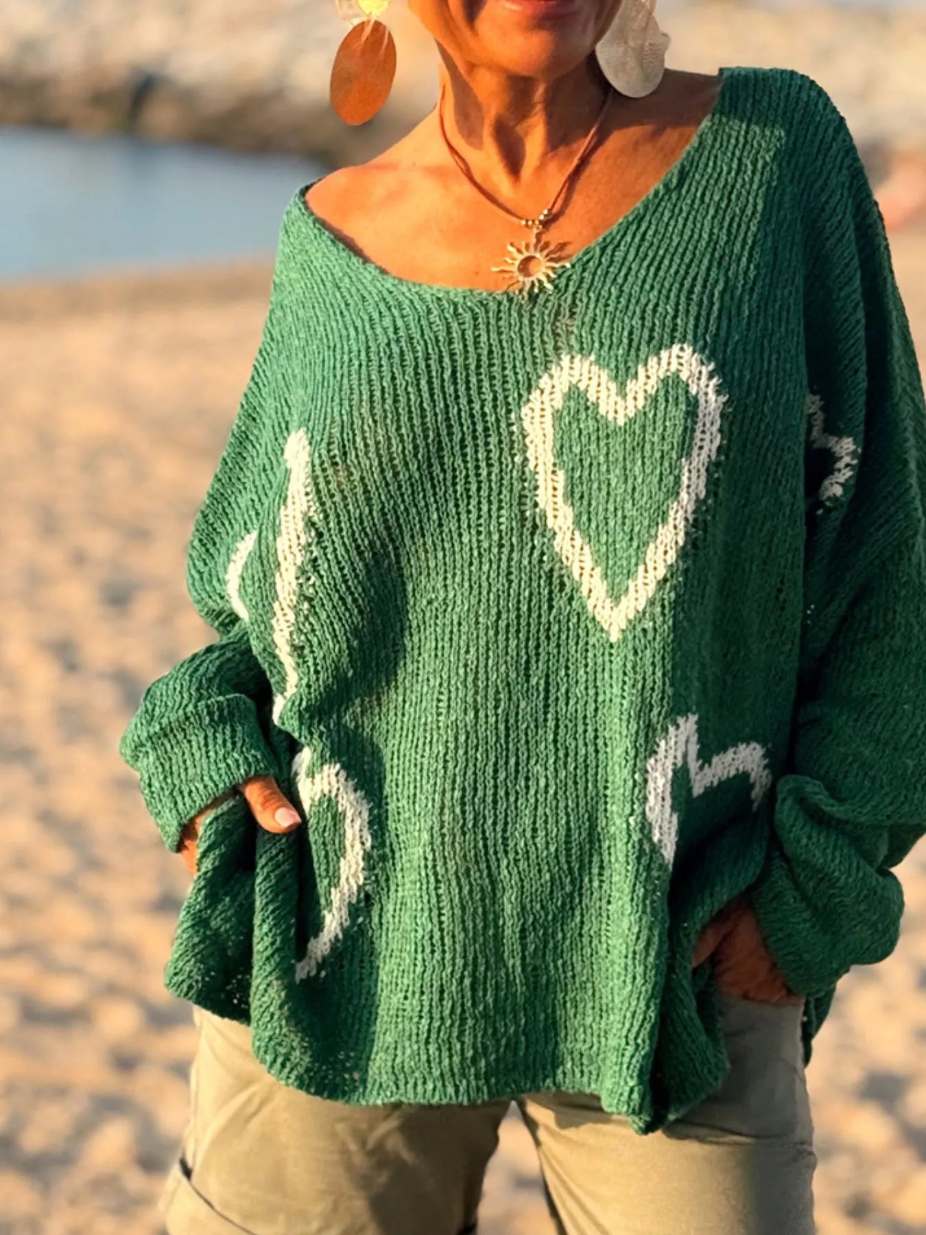 Heart V - Neck Dropped Shoulder Sweater - Seedandsoulful