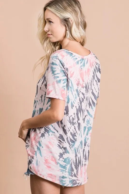 BiBi Tie Dye Print Terry Deep U Neck Top - Seedandsoulful