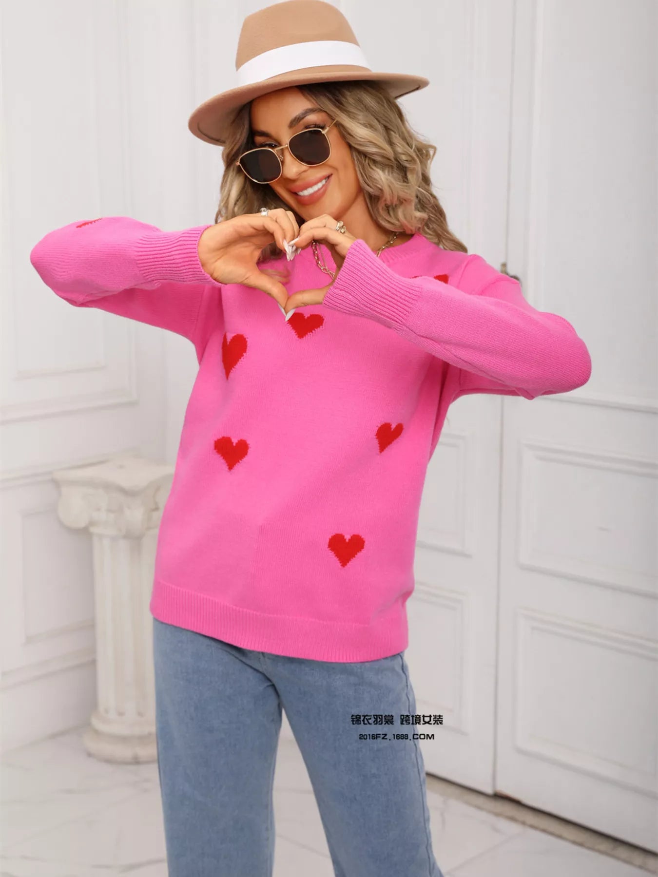 Valentine's Day Heart Print Round Neck Sweater - Seedandsoulful
