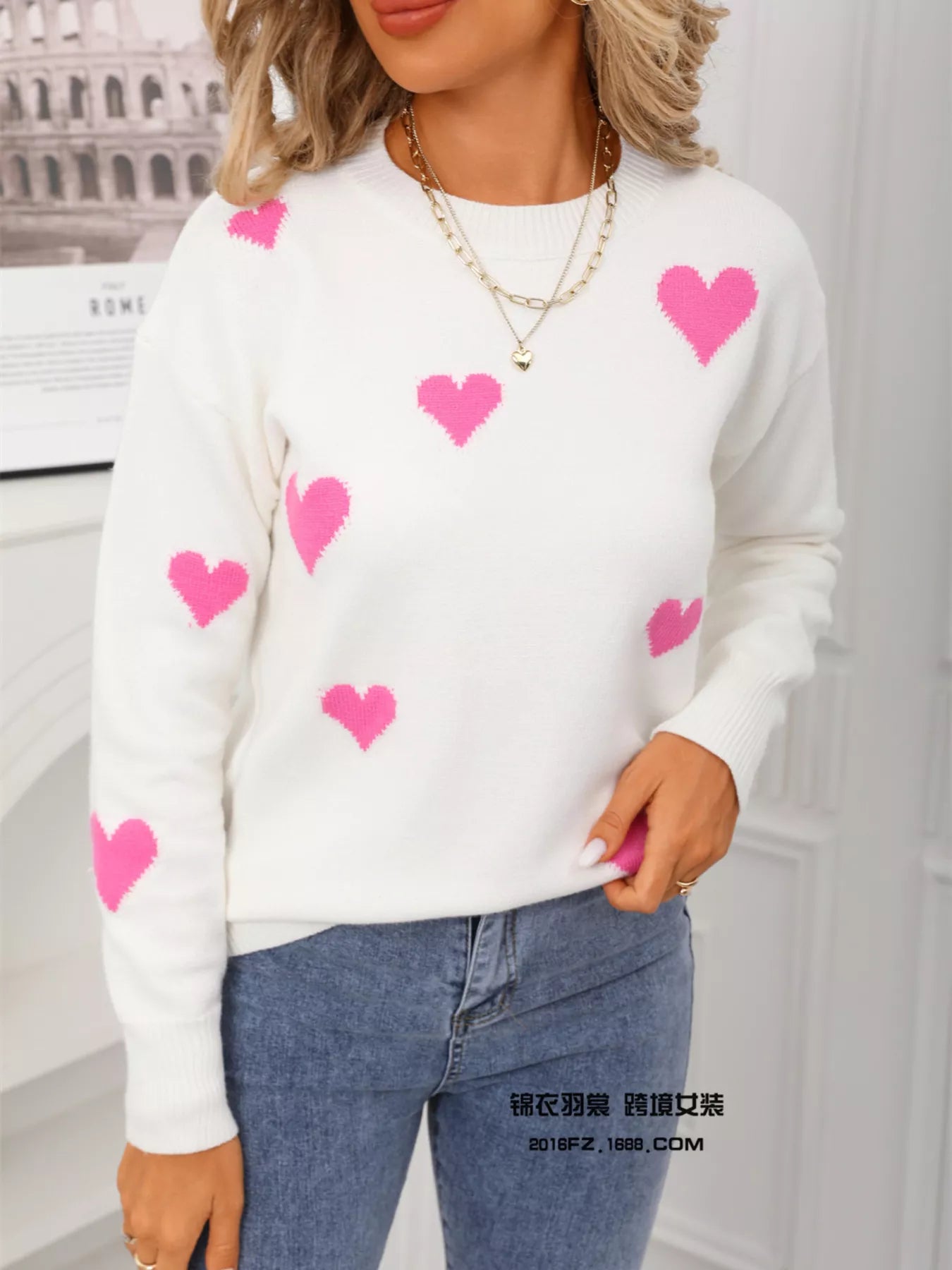 Valentine's Day Heart Print Round Neck Sweater - Seedandsoulful
