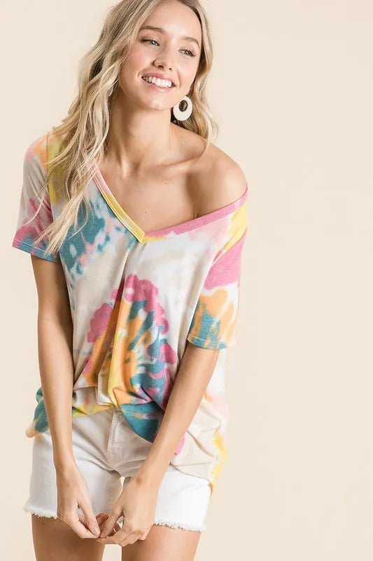 BiBi Circular Tie Dye Print V Neck Top - Seedandsoulful