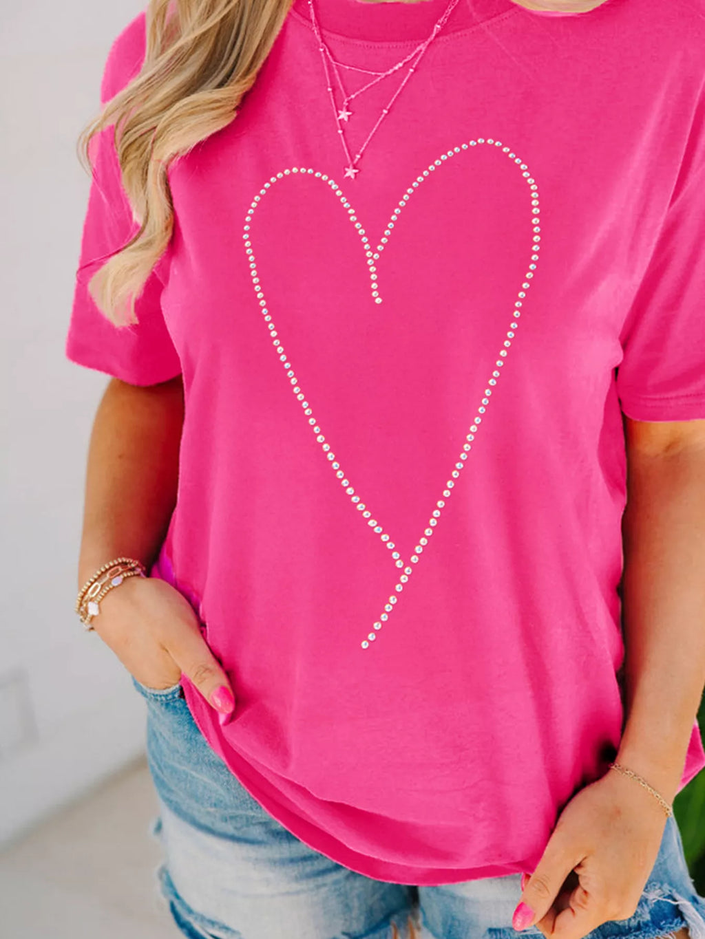 Rhinestone Heart Graphic Crew Neck Valentines Tee - Seedandsoulful