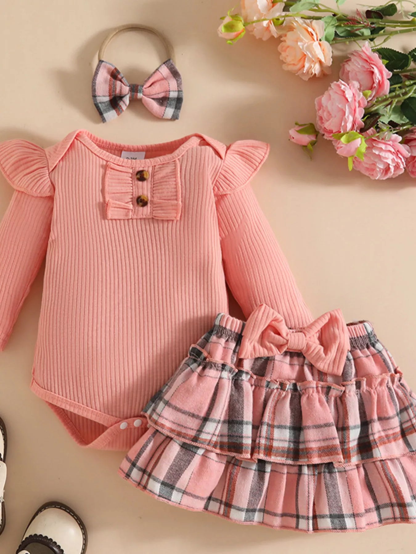 Children's Ruffled Ribbed Bodysuit and Skirt Set with Headband - Seedandsoulful