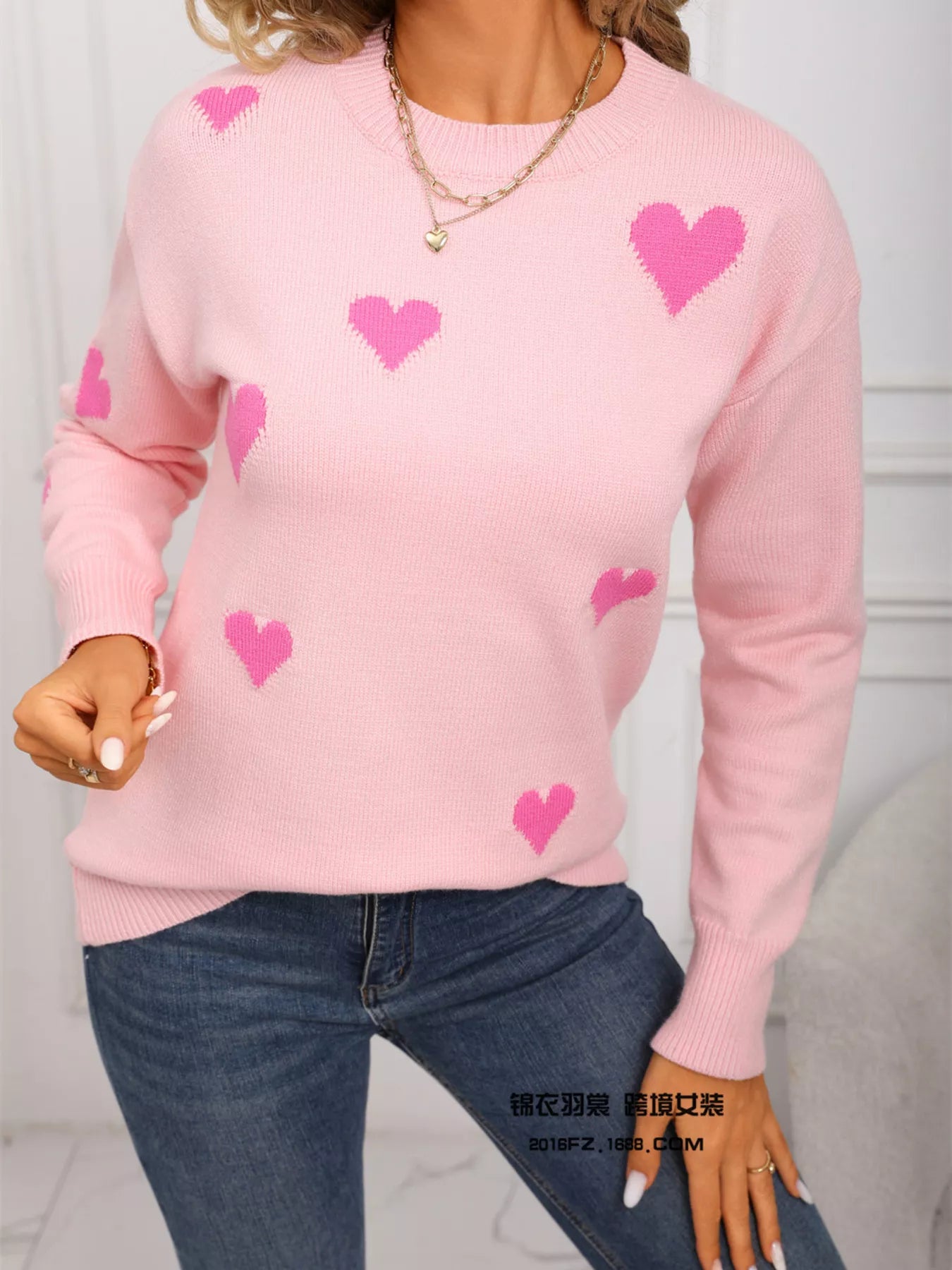 Valentine's Day Heart Print Round Neck Sweater - Seedandsoulful