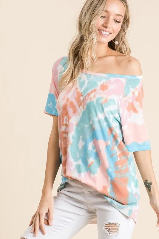 BiBi Tie Dye Print Short Sleeve T-Shirt with Raglan Sleeves - Seedandsoulful