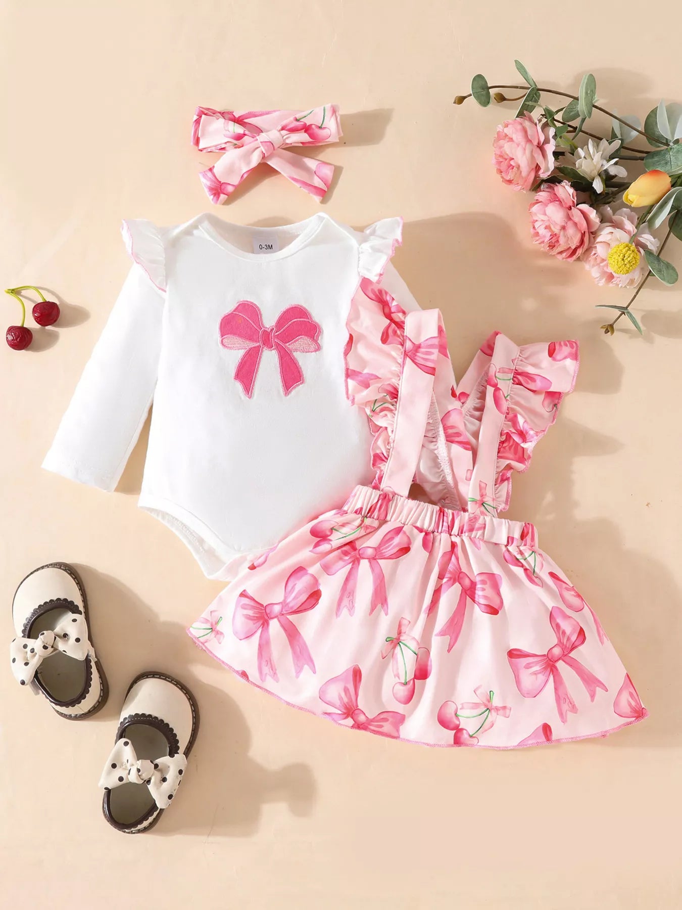 Children's Bowknot Print Ruffle Trim 3 Piece Set - Seedandsoulful