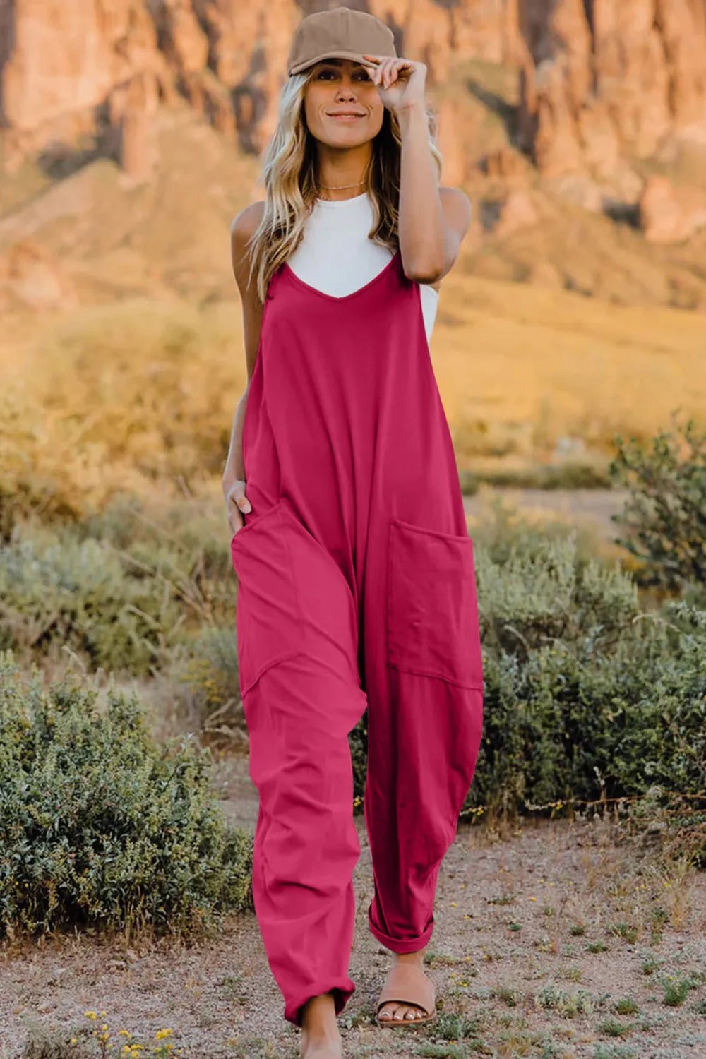 Double Take Full Size V - Neck Sleeveless Jumpsuit with Pockets - Seedandsoulful