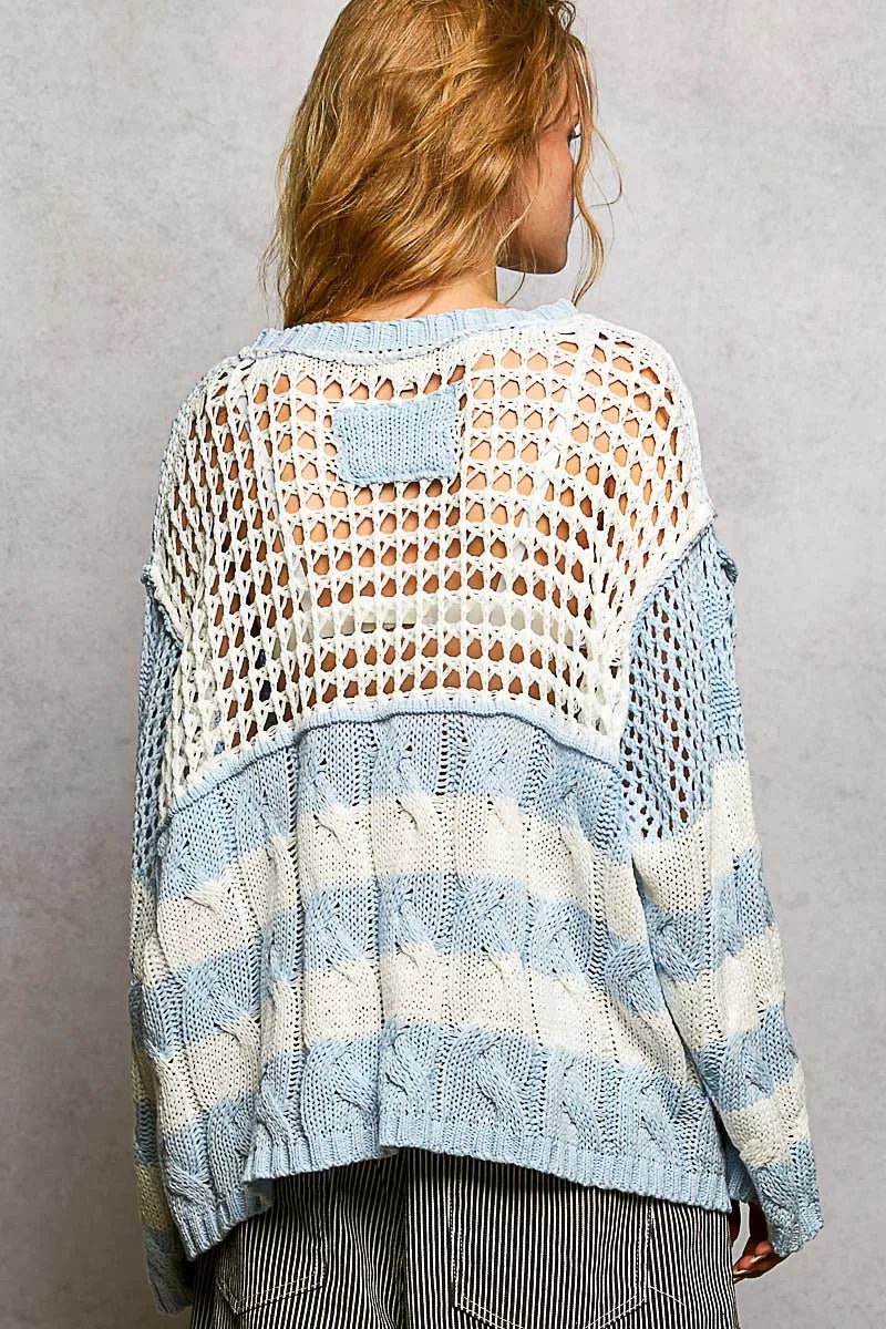 POL Color - Blocked Stripe Pattern Knit Top with Twisted Weave - Seedandsoulful