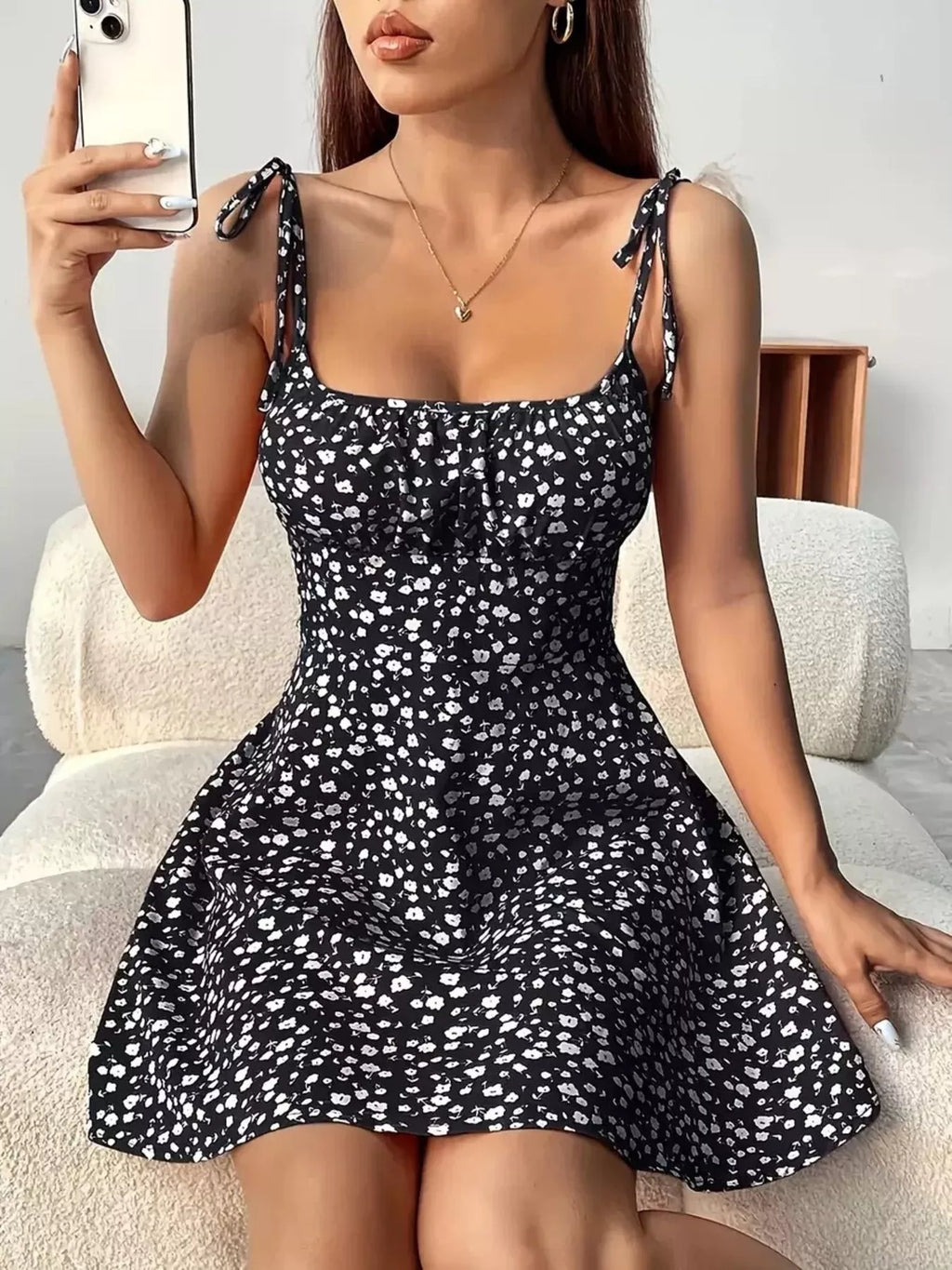 Floral Print Tie Strap Mini Dress - Seedandsoulful