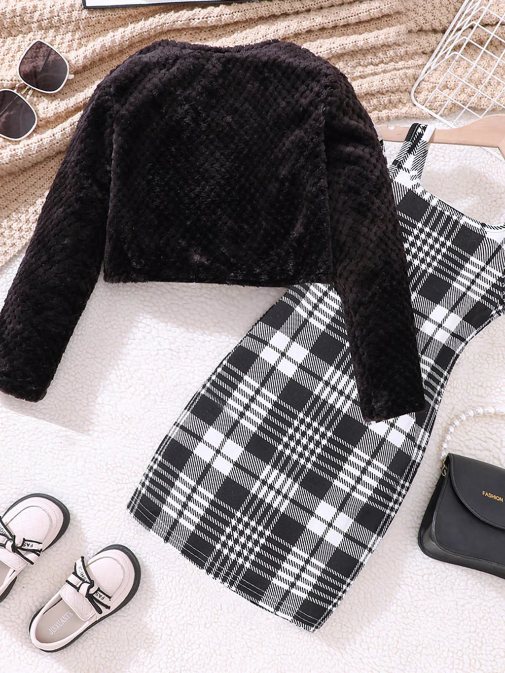Children's Fuzzy Cardigan & Plaid Dress Set - Seedandsoulful