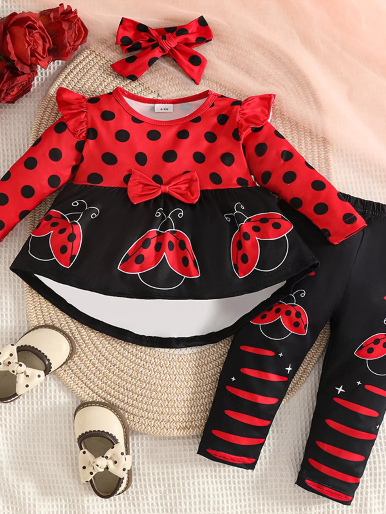 Children's Ladybug Print Ruffle Trim Top and Pants Set - Seedandsoulful