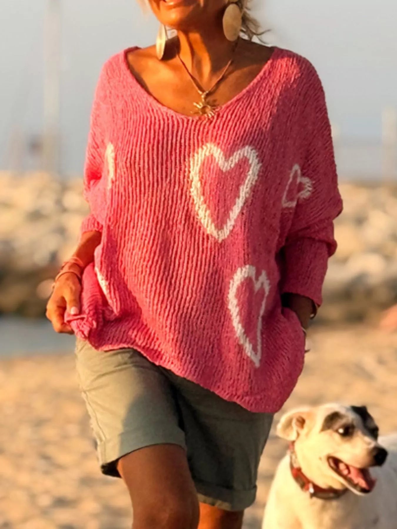 Heart V - Neck Dropped Shoulder Sweater - Seedandsoulful