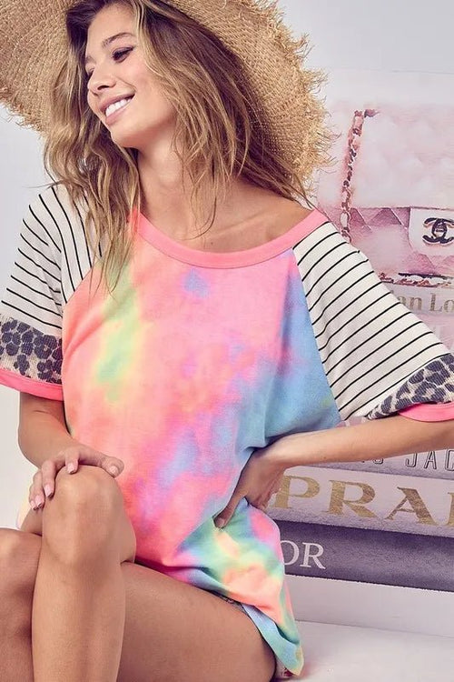BiBi Tie Dye French Terry Top With Stripe Raglan - Seedandsoulful