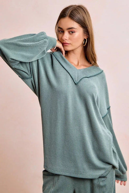 BiBi Two Tone Cord Rib Contrast Stitching V - Neck Top and Pants Set - Seedandsoulful