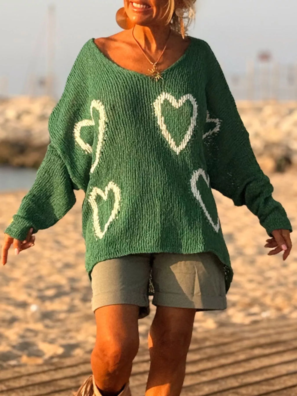 Heart V - Neck Dropped Shoulder Sweater - Seedandsoulful