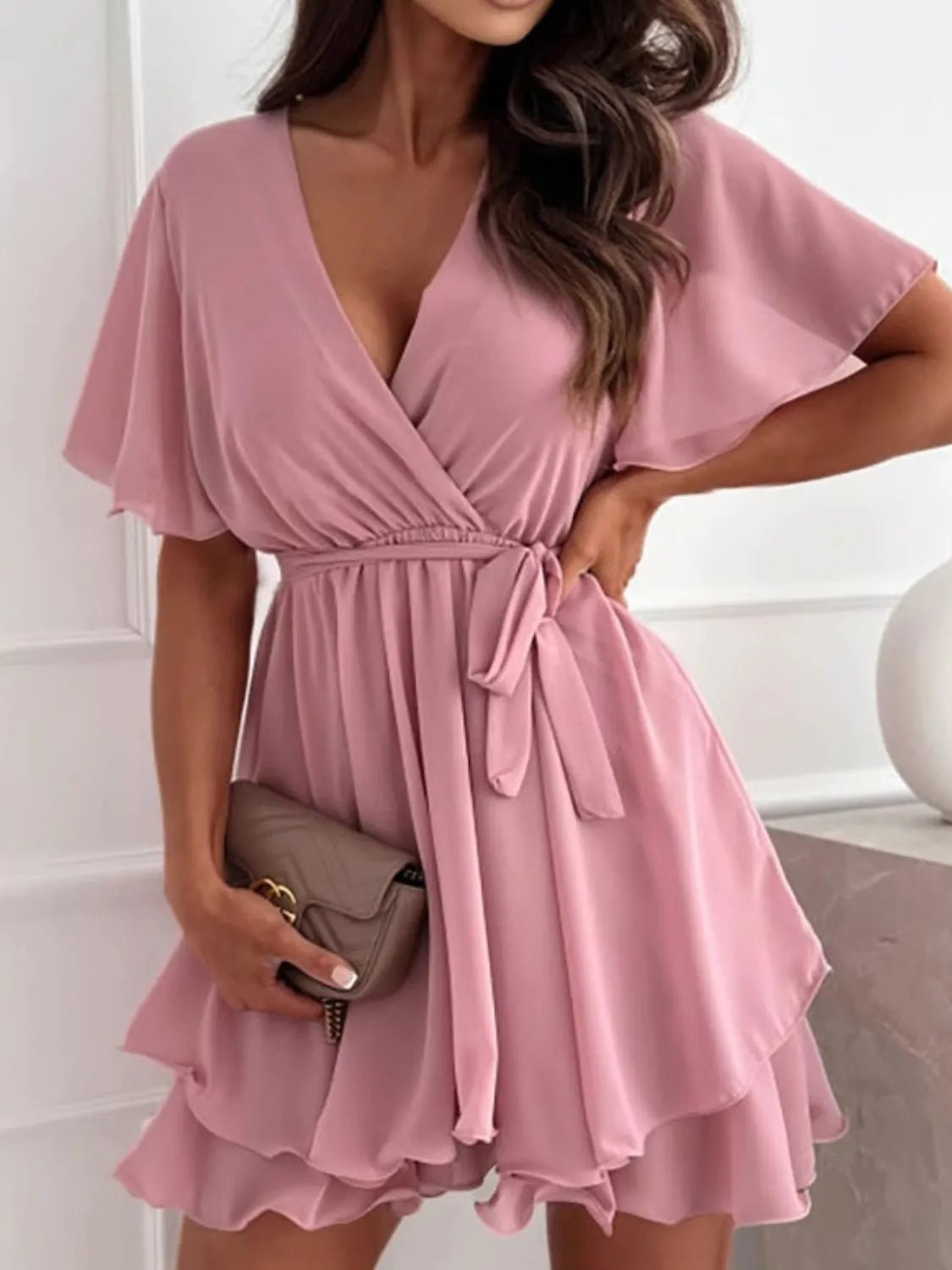 Surplice Flutter Sleeve Mini Dress - Seedandsoulful