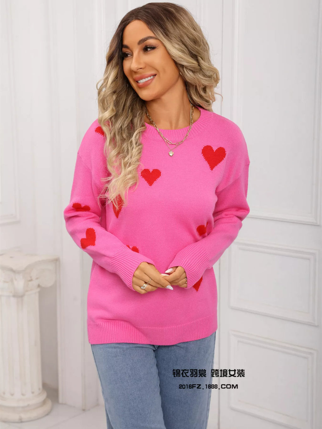 Valentine's Day Heart Print Round Neck Sweater - Seedandsoulful