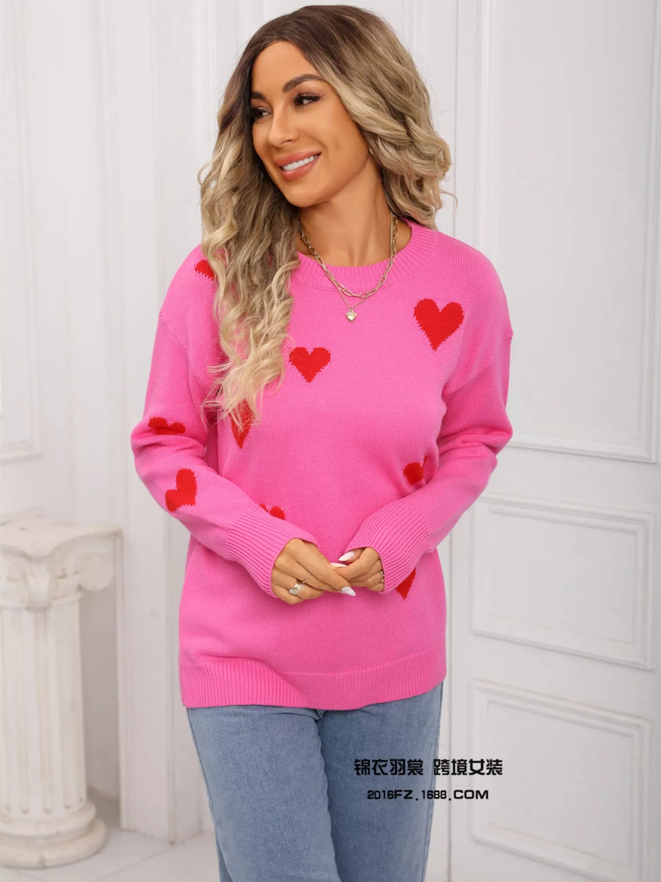Valentine's Day Heart Print Round Neck Sweater - Seedandsoulful