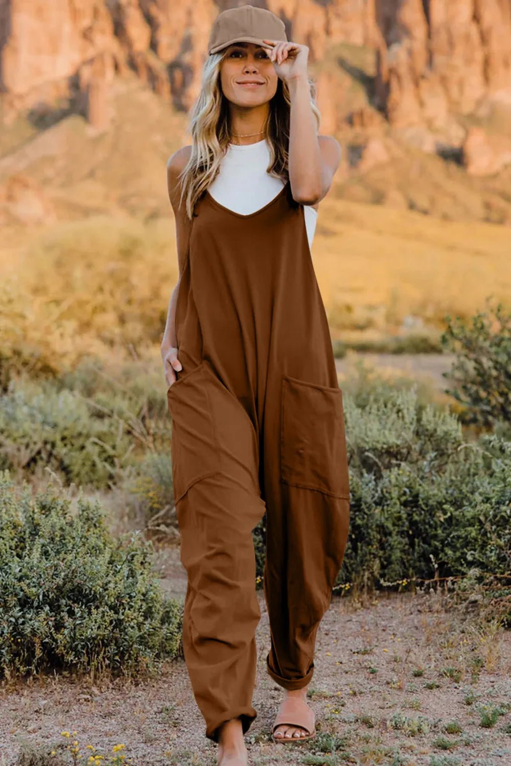Double Take Full Size V - Neck Sleeveless Jumpsuit with Pockets - Seedandsoulful