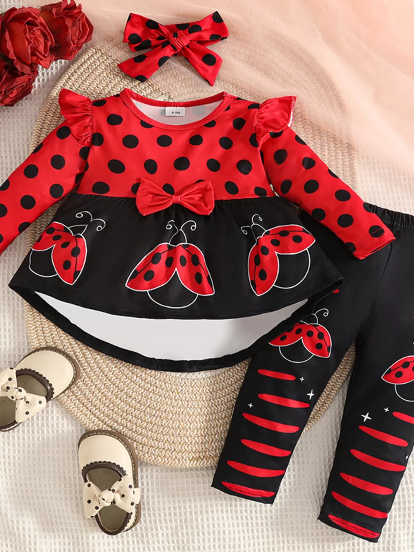 Children's Ladybug Print Ruffle Trim Top and Pants Set - Seedandsoulful