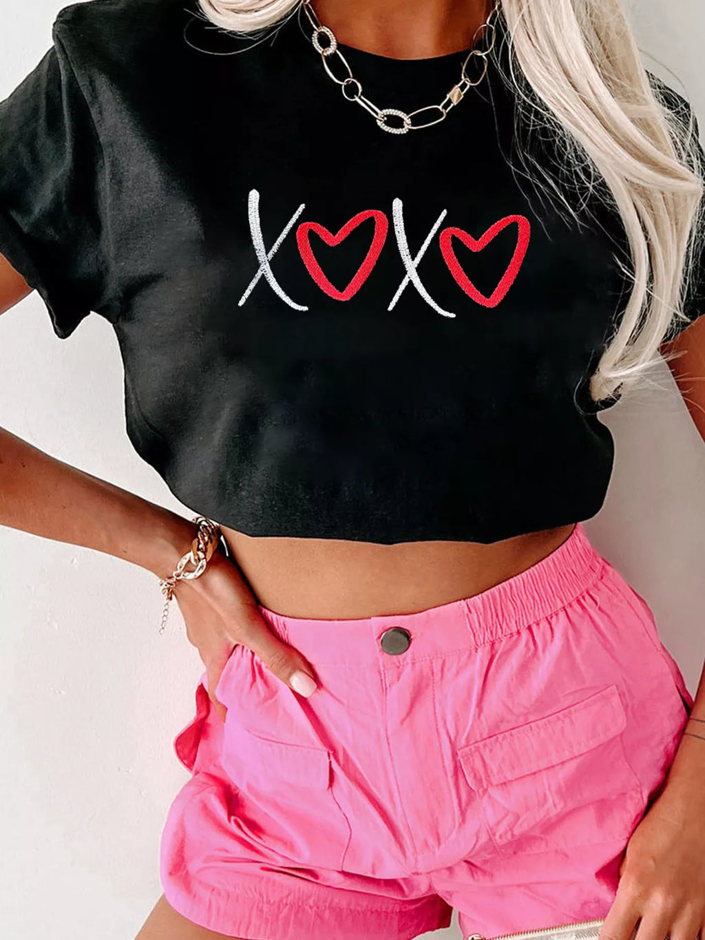 XOXO Valentines Heart Embroidered Casual Tee - Seedandsoulful